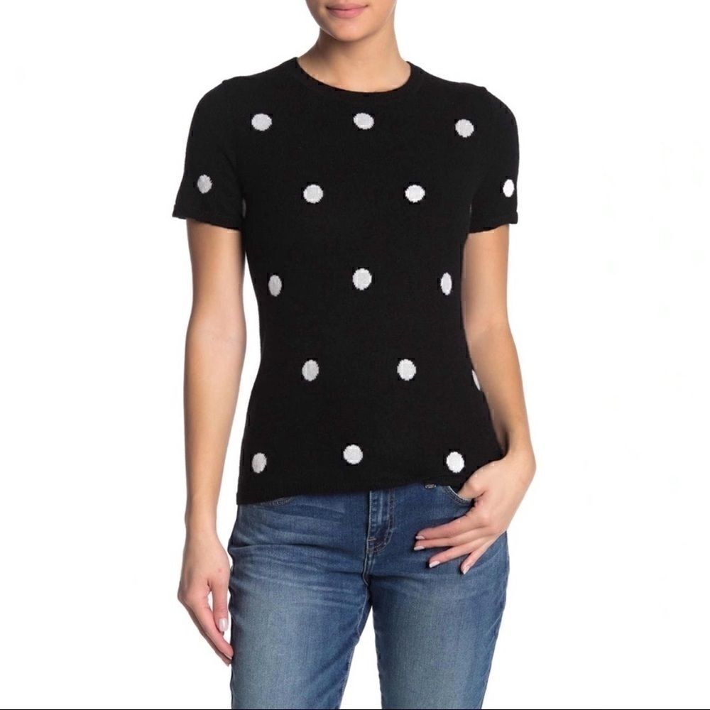 NWT Qi Polka Dot Short Sleeve Cashmere Sweater Med